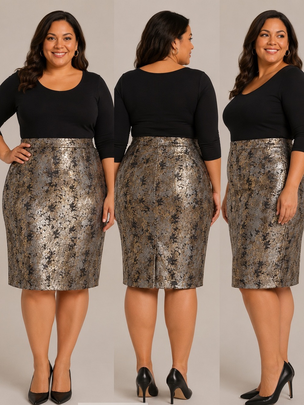 Liz Claiborne Metallic Floral Pencil Skirt in Gold and Black